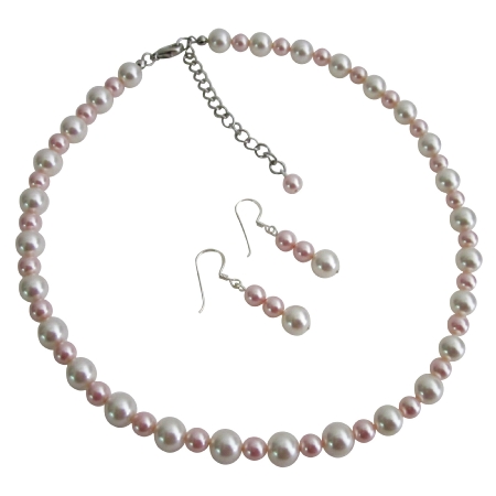 White & Rosaline Pearls Necklace & Earrings Handcrafted Custom Jewelry