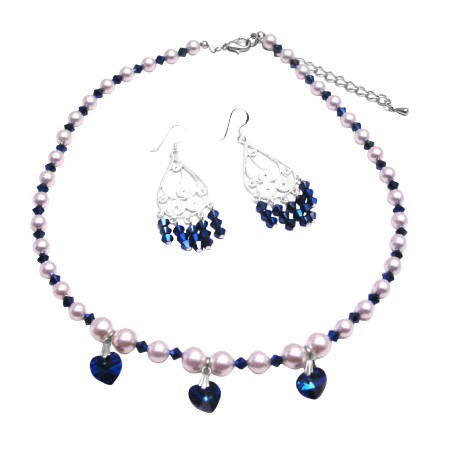 Swarovski Cream Pearls Blue Sapphire Crystals Handcrafted Necklace Set