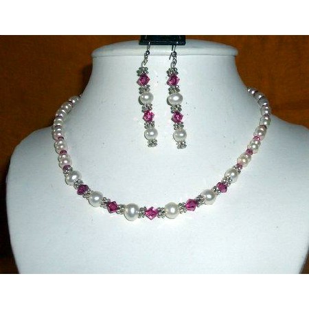 Vintage Necklace White FreshWater Pearls & Swarovski Fuchsia Crystals