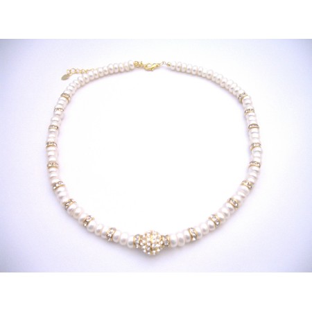 White FreshWater Pearls Choker Rondells Gold Plated Pendant Necklace