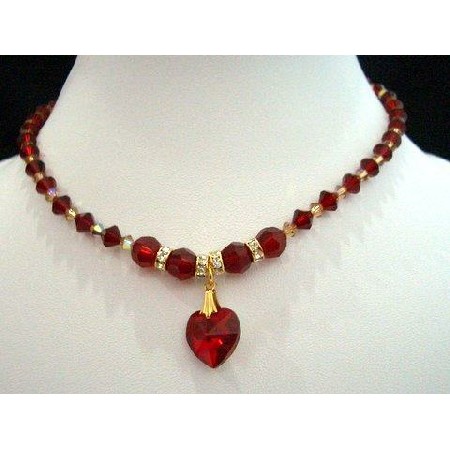 Swarovski Crystals Red Siam Heart Necklace Bridal Handcrafted Necklace