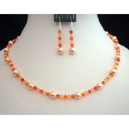 Swarovski Crystals & Pearls In Peach & Fire Opal Crystals Necklace Set