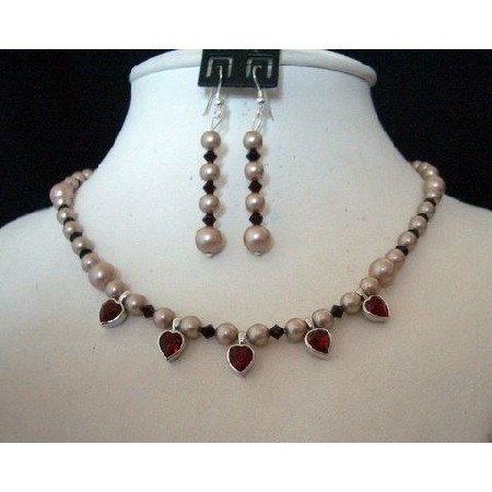 Swarovski Rose Pearls Garnet Crystals Small Heart Pendant Necklace Set