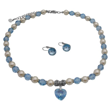Swarovski Cream Pearls Aquamarine Crystals Heart Pendant Necklace Set