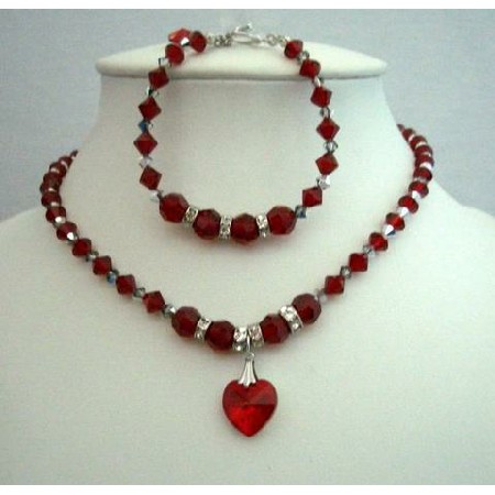 Handmade Necklace & Bracelet Swarovski Siam Red Crystals Heart Pendant