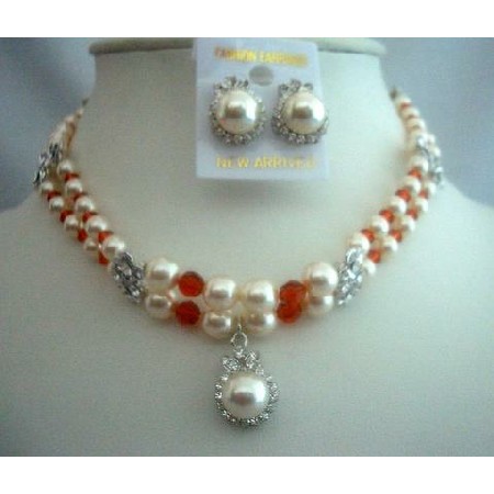 Double Strands Cream Pearls & Indian Red Crystals Handcrafted Jewelry