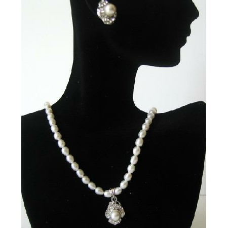 Handmade White Freshwater Pearls Pendant Necklace & Earrings Jewelry