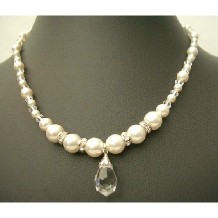 Swarovski Clear Crystals Cream Peal Silver Rondells Teardrop Necklace