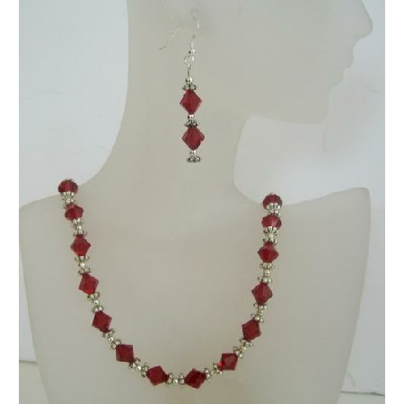 Swarovski Siam Red Crystals Jewelry w/ Bali Silver Earrings & Necklace