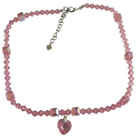 Rose Pink Swarovski w/ AB Rose Pink Crystals Heart Pendant Necklace