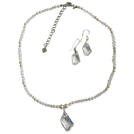 White Pearls Swarovski clear Crystals Irregular Pendant & Earrings Set