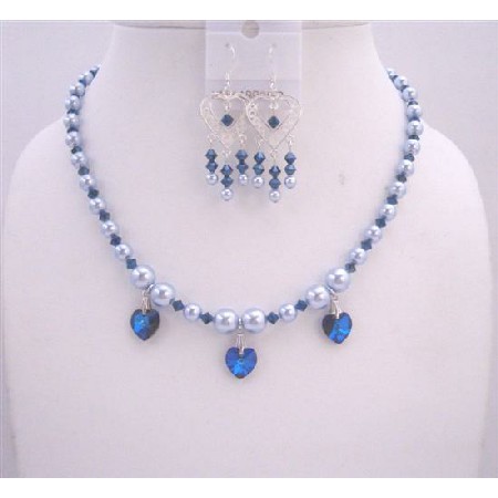 Swarovski Blue Pearls Sapphire Crystals Handcrafted Custom Jewelry Set