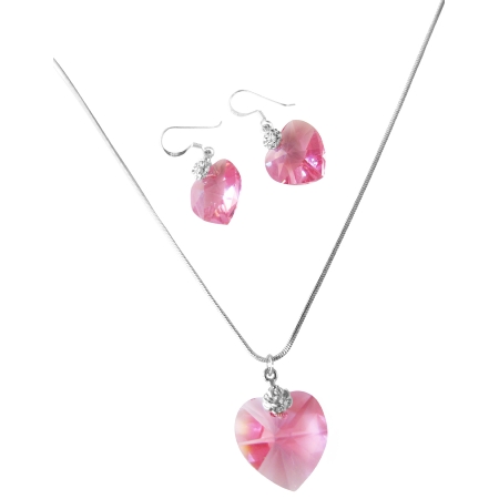 Cool Rose Pink Swarovski Crystals Valentine Heart Pendant & Earrings