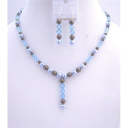 Chocolate Brown Pearls w/ Aquamarine Crystals Wedding Bridal Jewelry