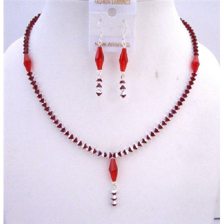 Siam Red Crystals 2 Shaded Necklace Set w/ Siam Long Bicone Crystals