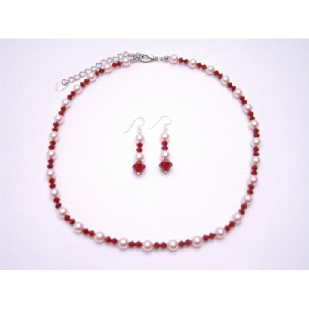 Coral Crystals Jewelry Set w/ Rose Pink Pearls Swarovski Necklace Set