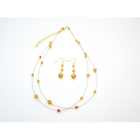 Golden Wire Round Necklace w/ Swarovski Topaz & Fire Opal Crystals Set