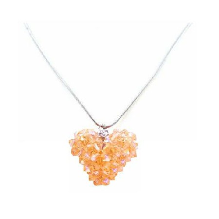 Peach Swarovski Crystals 3D Puffy Heart Handmade Pendant Necklace