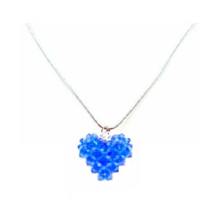Sapphire Crystals Puffy Heart Handmade Pendant Necklace