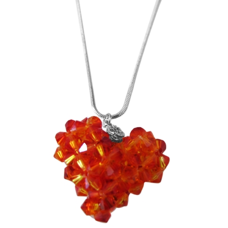 Fire Opal Swarovski Crystals Autumn 3D Puffy Heart Pendant Necklace