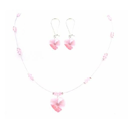 Dainty Lite Rose Crystals Heart Pendant Earrings Valentine Jewelry Set