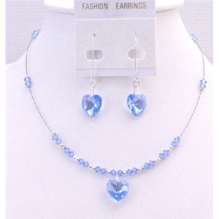 Lite Sapphire Crystals Heart Pendant Earrings Valentine Gift Jewelry