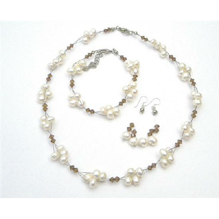 Handmade Artisan Smoked Topaz Crystals Freshwater Pearls Necklace Set