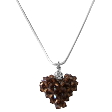 Valentine Love Smoked Topaz Crystals 3D Puffy Heart Pendant Necklace