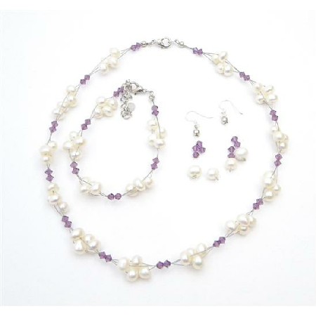 Handcrafted Austrian Crystals Amethyst Freshwater Pearls Necklace Set