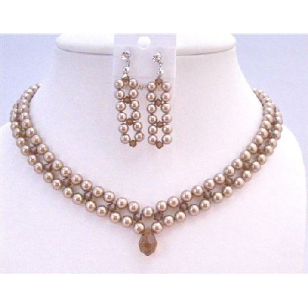 Interwoven 3 Stranded Swarovski Bronze Pearls Smoked Crystals Necklace