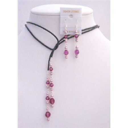 Leather Lariat Powder Rose Pearls Fuchsia Crystals & Sterling Earrings