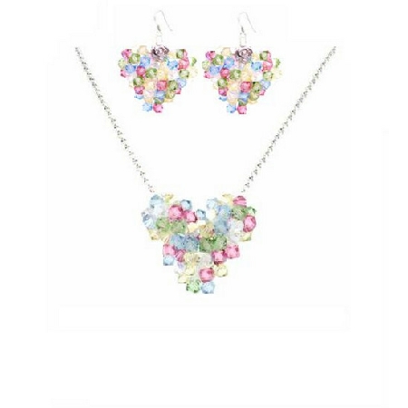 Multicolor Crystals Puffy Heart Pendant Necklace Earrings Gift Set
