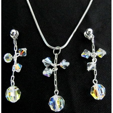 Prom Jewelry AB Crystal Dangling Pendant And Earrings Set