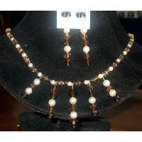Genuine Swarovski Austrian Lt. & Dark Smoked Topaz Crystals & Cream Pearls Necklace Set Handmade
