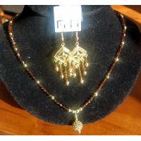 Genuine Swarovski Smoked Topaz Crystals w/ Gold Bead Necklace & Earrings in 22k Gold Plated Handmade