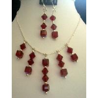 Genuine Swarovski Garnet(Red) Crystals Bridal Sterling Silver Necklace Set Handmade