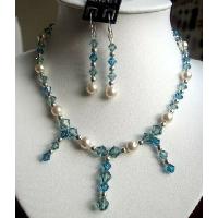 Genuine Swarovski Aquamarine Crystals & cream Pearls Necklace Set Handcrafted Custom Jewelry