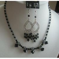 Genuine Swarovski Jet & AB Crystals Bridal Sterling Silver Necklace Set