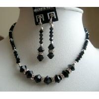 Vintage Necklace Set in Genuine Swarovski Jet Crystals w/ Simulated Diamond Rings Handmade