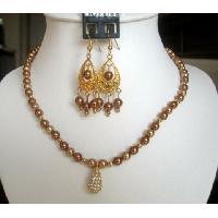 Authentic Necklace Set in Swarovski Copper Pearls w/ 22k Gold Plated Pendant