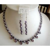 Genuine Swarovski Purple Pearls & Amethyst Crystals w/ heart Pendants Necklace Set