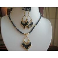 Handmade Genuine Swarovski Crystals jet w/ 22 Gold Plated Pendant Necklace & Earrings