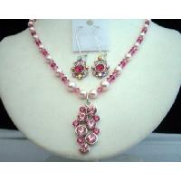 Handmade Genuine Swarovski Light & Dark Pink Rose Crystals & Pearls w/ Pendant Necklace Set