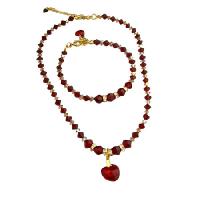 Genuine Swarovski Siam Red Crystals Heart Pendant Necklace & Bracelet Handmade w/ Gold Tone 