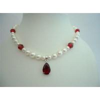 Wedding Necklace Genuine Swarovski Cream Pearls & Siam Red Crystals w/ Pendant Handcrafted