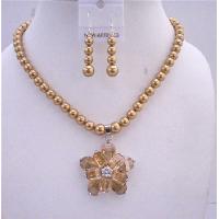 Golden Tone Necklace Set Genuine Golden Pearls & Topaz Crystals w/ Flower Pendant 