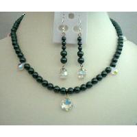 Tahitan Pearls Neacklace & Earrings Swarovski Tahitan Pearls w/ AB Tear Drop &AB Baroque Pendant