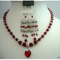 Sterling Silver Chandelier Earrings & Genuine Siam Red Crystals Necklace w/ Heart Penant 