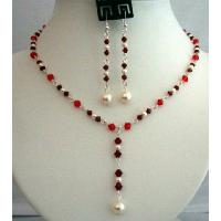 Handcrafted Genuine Crystals Jewelry Siam Red w/ Cream Pearls Necklace Set Y 