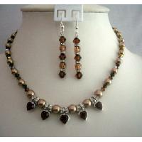 Expresso Color Necklace Set Genuine Swarovski Bronze Pearls & Smoked Crystals w/ Rondells & Heart Pendant 